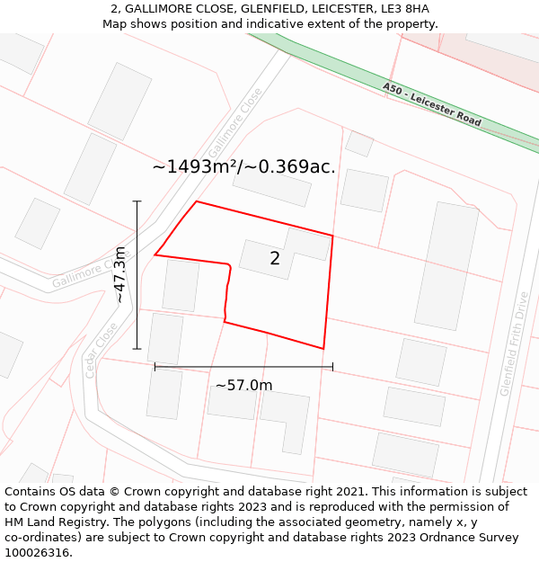 2, GALLIMORE CLOSE, GLENFIELD, LEICESTER, LE3 8HA: Plot and title map