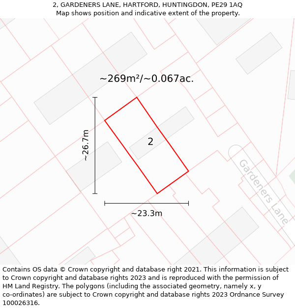 2, GARDENERS LANE, HARTFORD, HUNTINGDON, PE29 1AQ: Plot and title map