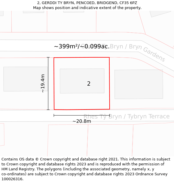 2, GERDDI TY BRYN, PENCOED, BRIDGEND, CF35 6PZ: Plot and title map