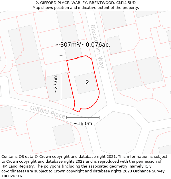 2, GIFFORD PLACE, WARLEY, BRENTWOOD, CM14 5UD: Plot and title map