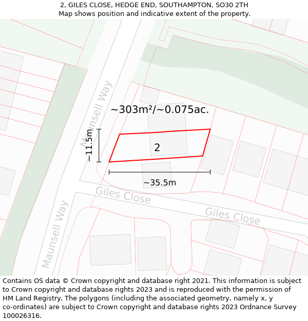 2, GILES CLOSE, HEDGE END, SOUTHAMPTON, SO30 2TH: Plot and title map