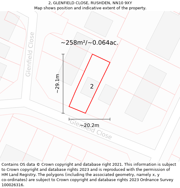 2, GLENFIELD CLOSE, RUSHDEN, NN10 9XY: Plot and title map