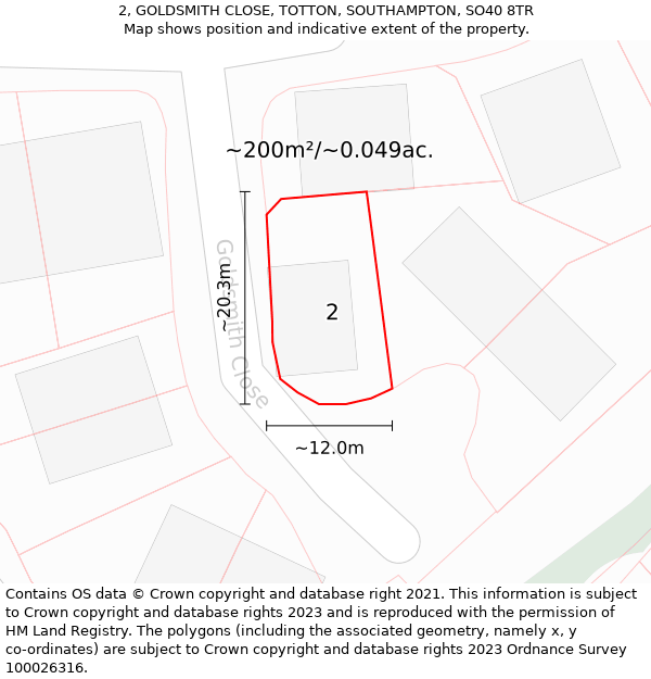 2, GOLDSMITH CLOSE, TOTTON, SOUTHAMPTON, SO40 8TR: Plot and title map