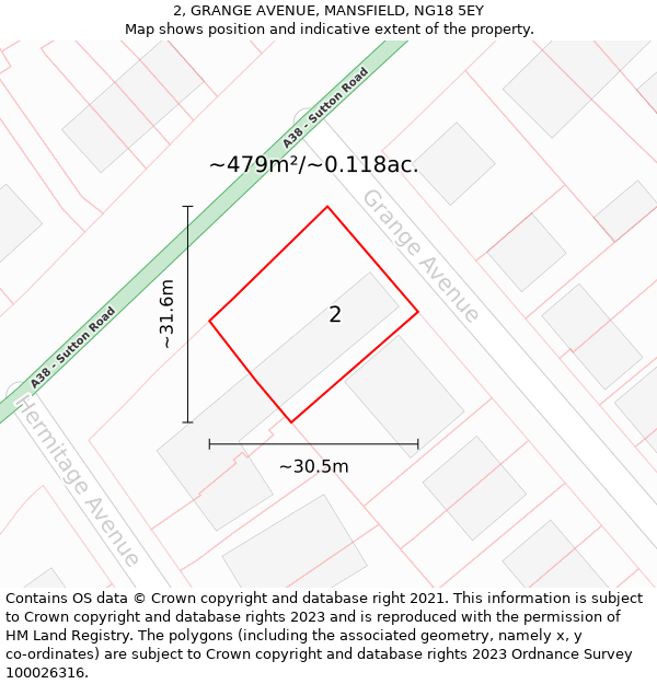 2, GRANGE AVENUE, MANSFIELD, NG18 5EY: Plot and title map