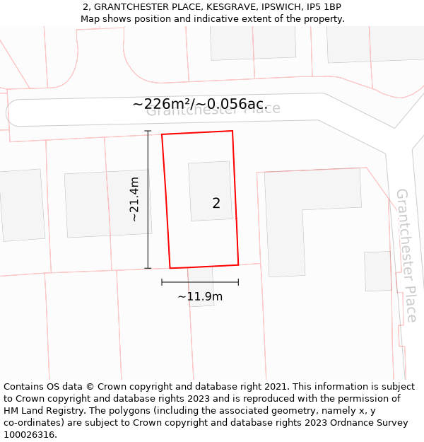 2, GRANTCHESTER PLACE, KESGRAVE, IPSWICH, IP5 1BP: Plot and title map