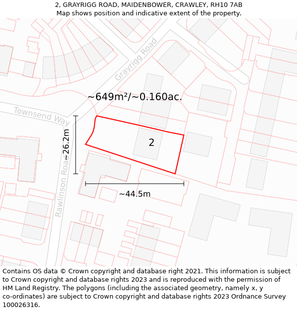 2, GRAYRIGG ROAD, MAIDENBOWER, CRAWLEY, RH10 7AB: Plot and title map