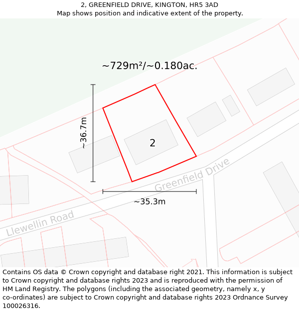 2, GREENFIELD DRIVE, KINGTON, HR5 3AD: Plot and title map