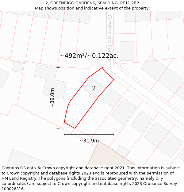 2, GREENRIGG GARDENS, SPALDING, PE11 2BP: Plot and title map