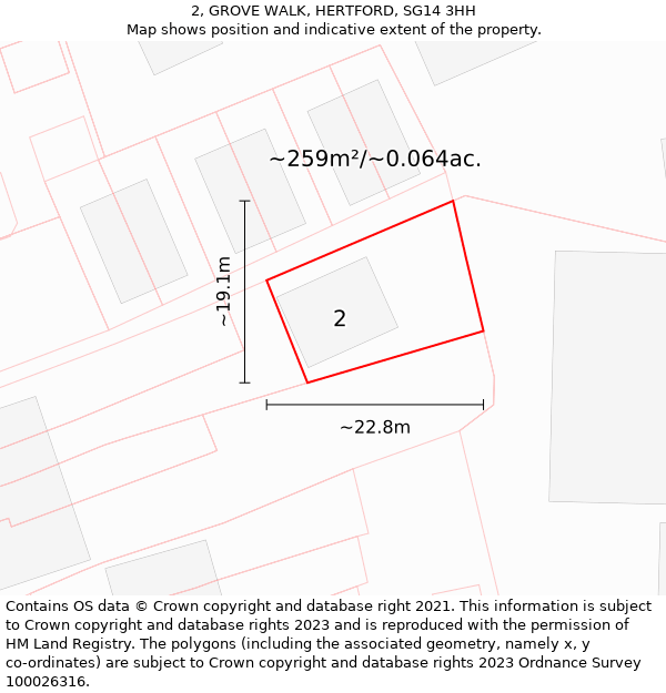 2, GROVE WALK, HERTFORD, SG14 3HH: Plot and title map