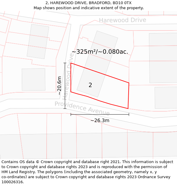 2, HAREWOOD DRIVE, BRADFORD, BD10 0TX: Plot and title map