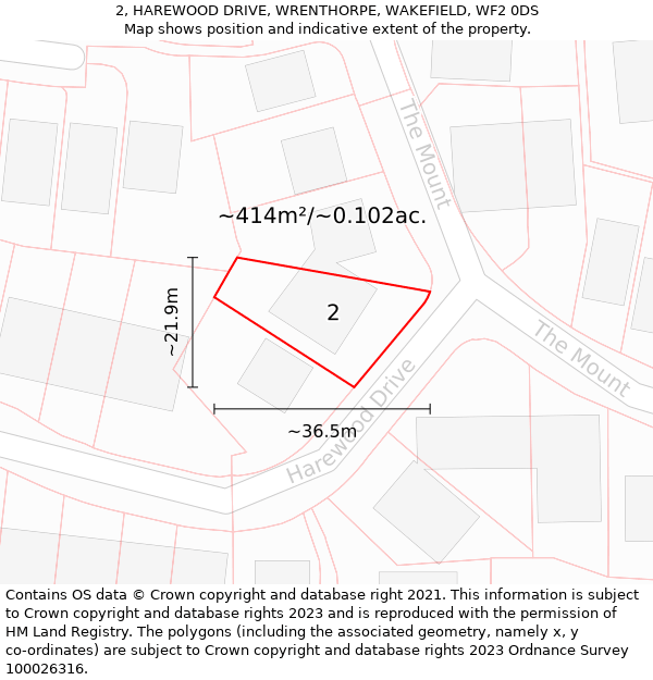 2, HAREWOOD DRIVE, WRENTHORPE, WAKEFIELD, WF2 0DS: Plot and title map