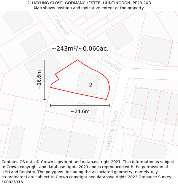 2, HAYLING CLOSE, GODMANCHESTER, HUNTINGDON, PE29 2XB: Plot and title map