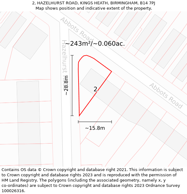 2, HAZELHURST ROAD, KINGS HEATH, BIRMINGHAM, B14 7PJ: Plot and title map