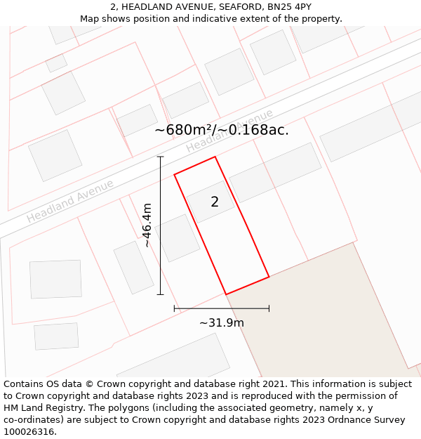 2, HEADLAND AVENUE, SEAFORD, BN25 4PY: Plot and title map