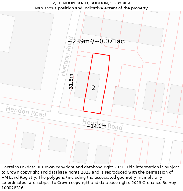 2, HENDON ROAD, BORDON, GU35 0BX: Plot and title map