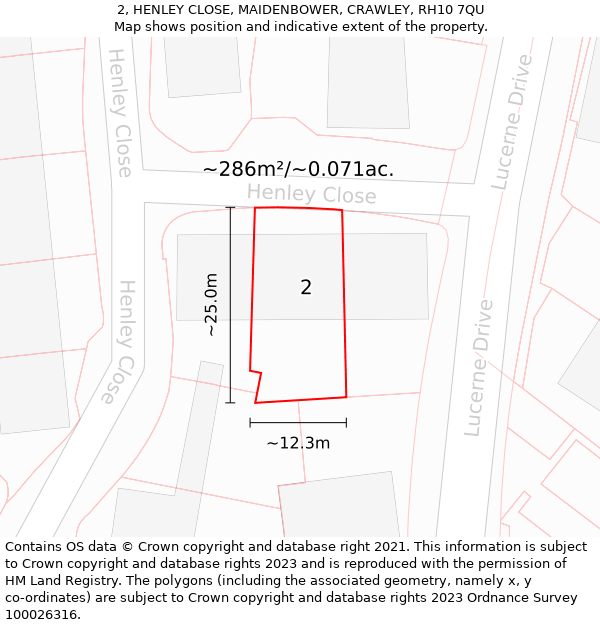 2, HENLEY CLOSE, MAIDENBOWER, CRAWLEY, RH10 7QU: Plot and title map