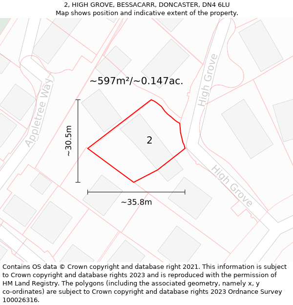 2, HIGH GROVE, BESSACARR, DONCASTER, DN4 6LU: Plot and title map