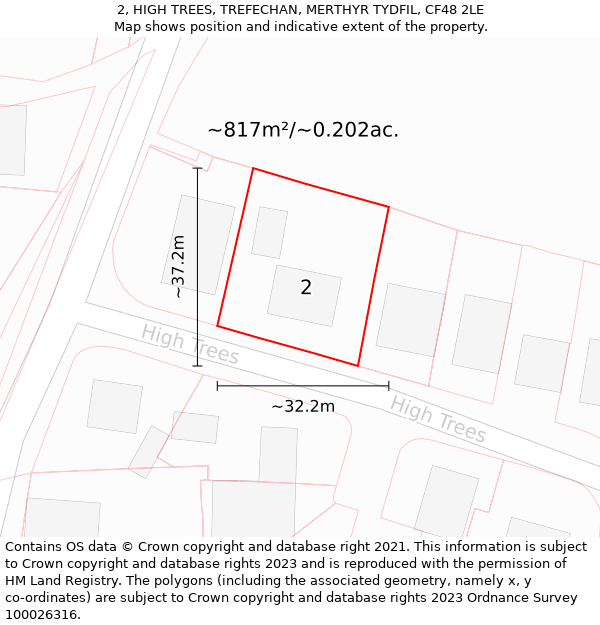 2, HIGH TREES, TREFECHAN, MERTHYR TYDFIL, CF48 2LE: Plot and title map