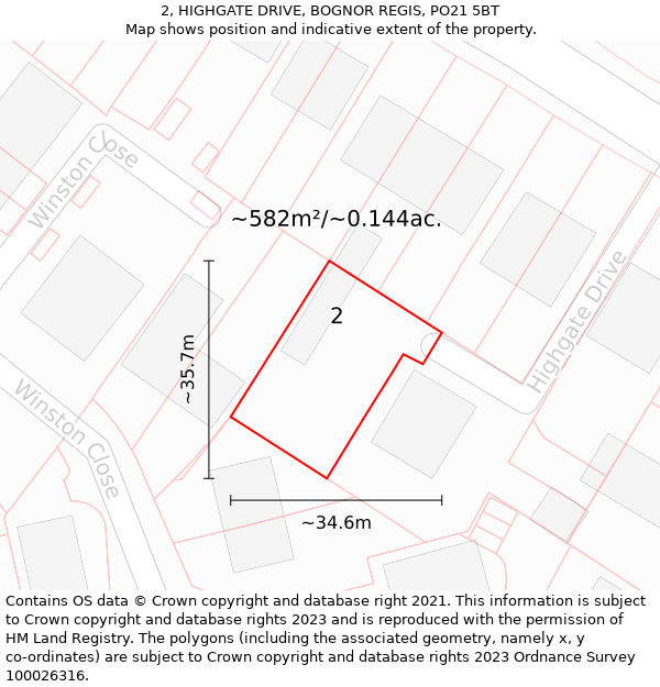 2, HIGHGATE DRIVE, BOGNOR REGIS, PO21 5BT: Plot and title map