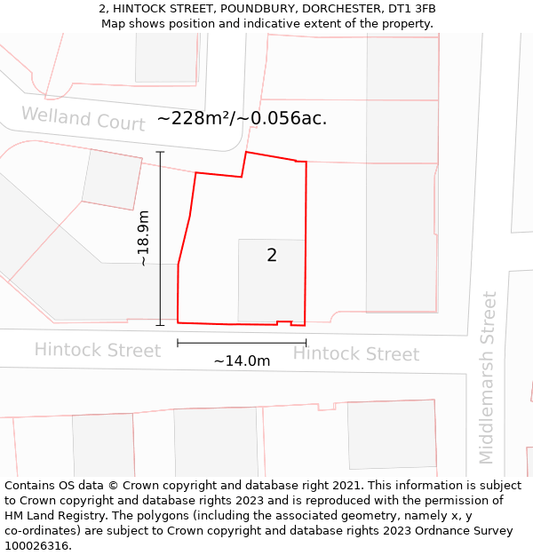 2, HINTOCK STREET, POUNDBURY, DORCHESTER, DT1 3FB: Plot and title map