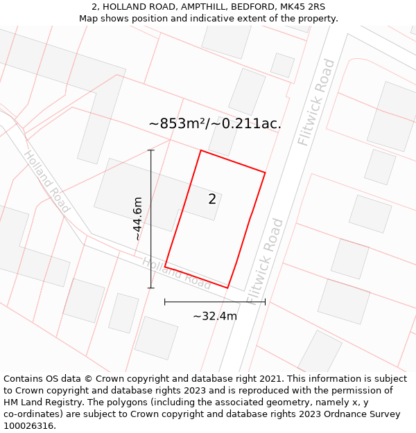 2, HOLLAND ROAD, AMPTHILL, BEDFORD, MK45 2RS: Plot and title map