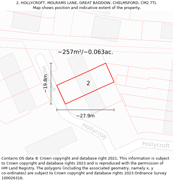 2, HOLLYCROFT, MOLRAMS LANE, GREAT BADDOW, CHELMSFORD, CM2 7TL: Plot and title map