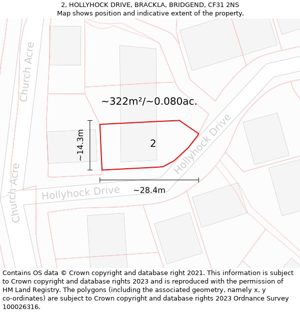 2, HOLLYHOCK DRIVE, BRACKLA, BRIDGEND, CF31 2NS: Plot and title map