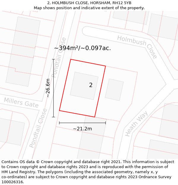 2, HOLMBUSH CLOSE, HORSHAM, RH12 5YB: Plot and title map