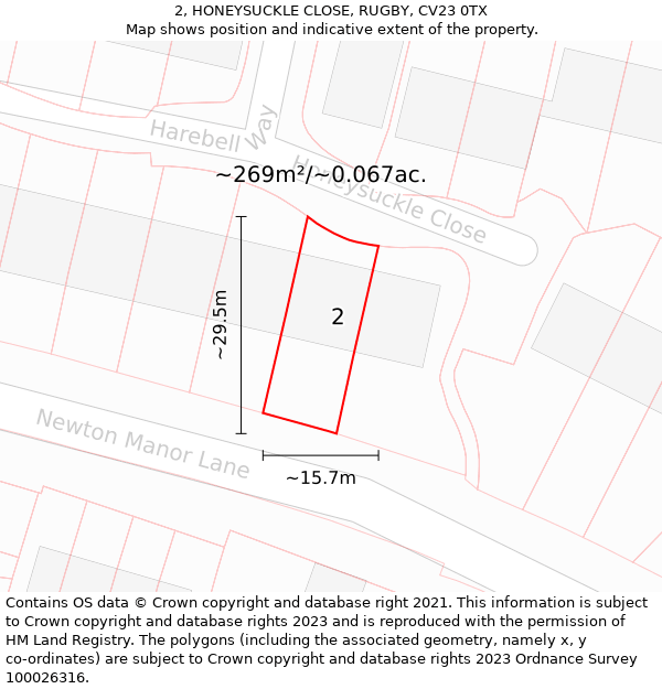 2, HONEYSUCKLE CLOSE, RUGBY, CV23 0TX: Plot and title map