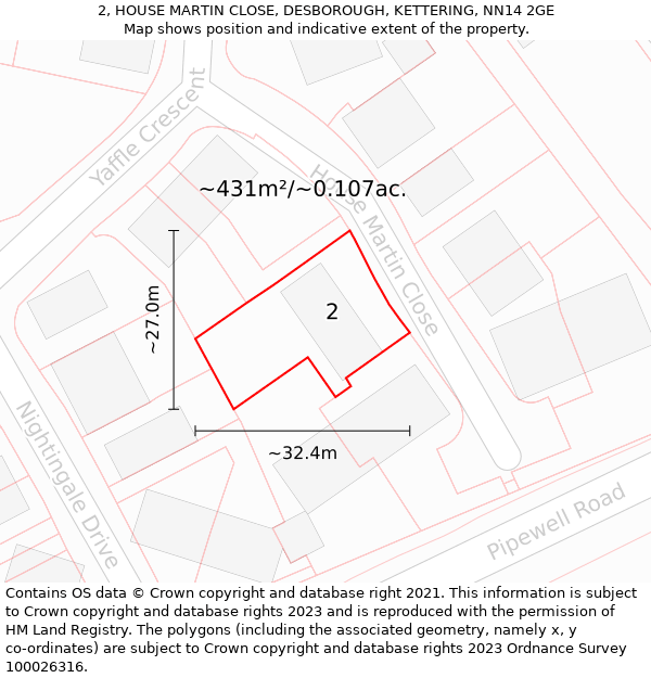 2, HOUSE MARTIN CLOSE, DESBOROUGH, KETTERING, NN14 2GE: Plot and title map