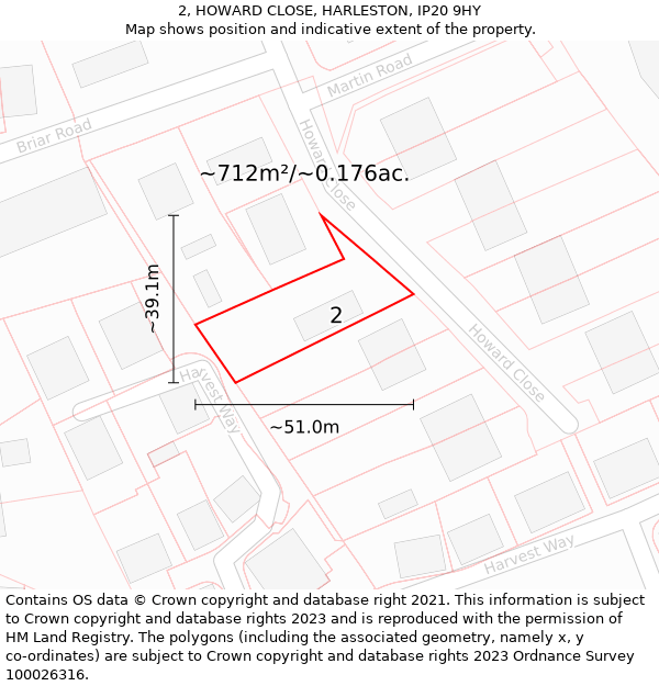 2, HOWARD CLOSE, HARLESTON, IP20 9HY: Plot and title map