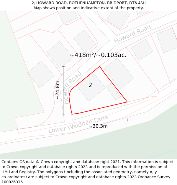 2, HOWARD ROAD, BOTHENHAMPTON, BRIDPORT, DT6 4SH: Plot and title map