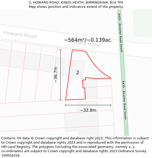 2, HOWARD ROAD, KINGS HEATH, BIRMINGHAM, B14 7PA: Plot and title map