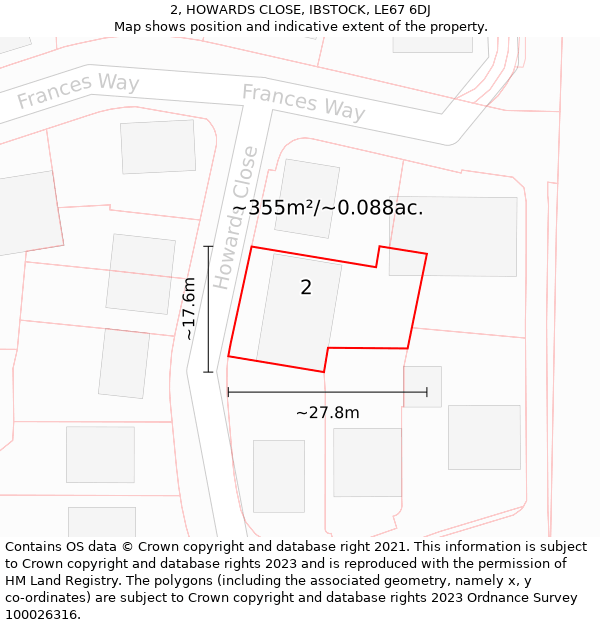 2, HOWARDS CLOSE, IBSTOCK, LE67 6DJ: Plot and title map