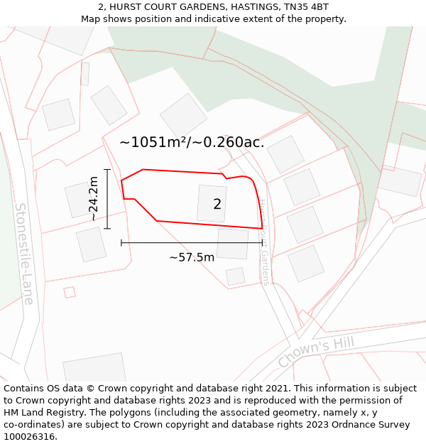 2, HURST COURT GARDENS, HASTINGS, TN35 4BT: Plot and title map