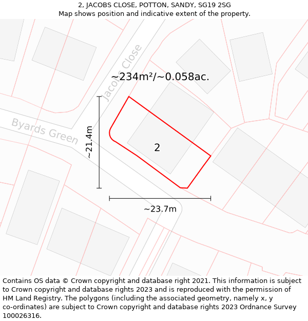 2, JACOBS CLOSE, POTTON, SANDY, SG19 2SG: Plot and title map