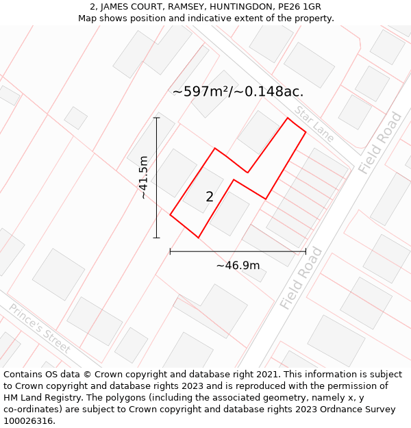 2, JAMES COURT, RAMSEY, HUNTINGDON, PE26 1GR: Plot and title map