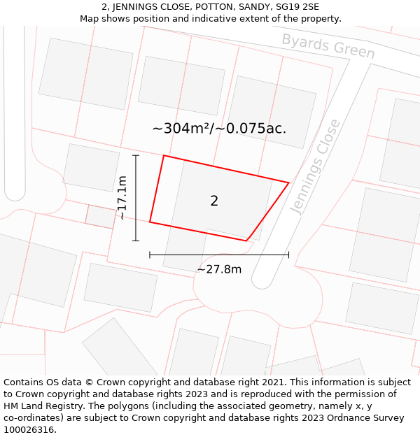 2, JENNINGS CLOSE, POTTON, SANDY, SG19 2SE: Plot and title map