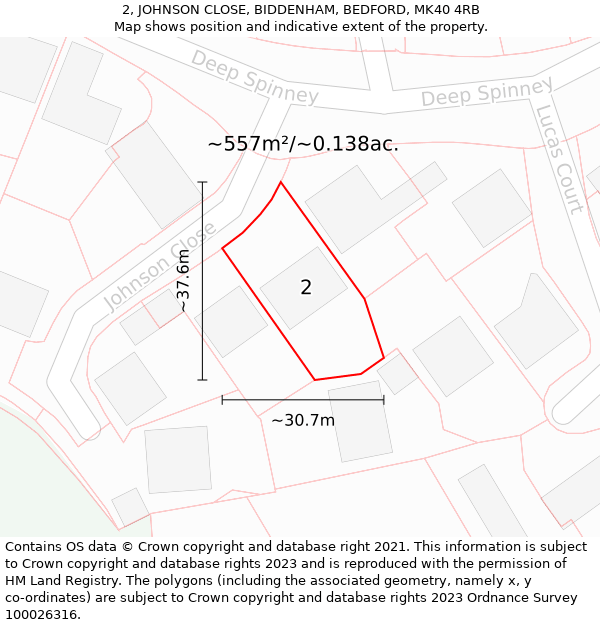 2, JOHNSON CLOSE, BIDDENHAM, BEDFORD, MK40 4RB: Plot and title map