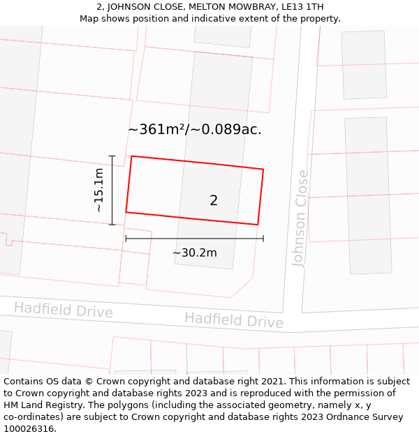 2, JOHNSON CLOSE, MELTON MOWBRAY, LE13 1TH: Plot and title map