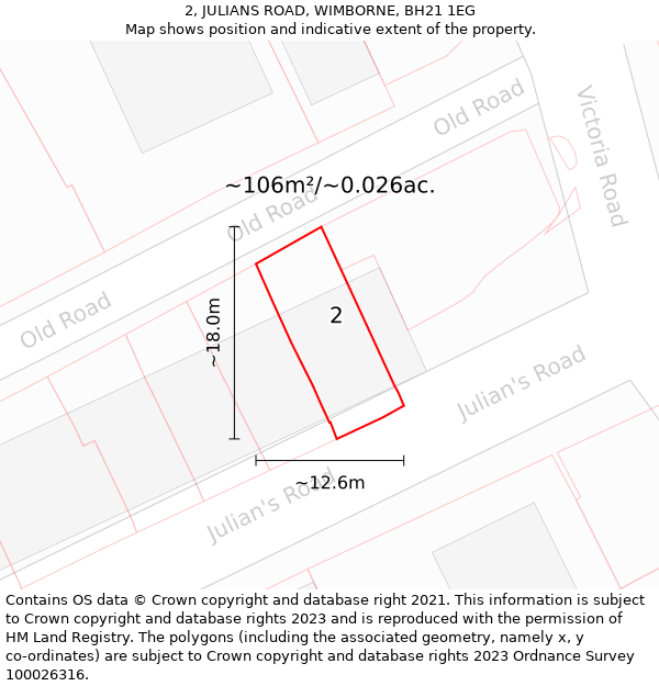 2, JULIANS ROAD, WIMBORNE, BH21 1EG: Plot and title map