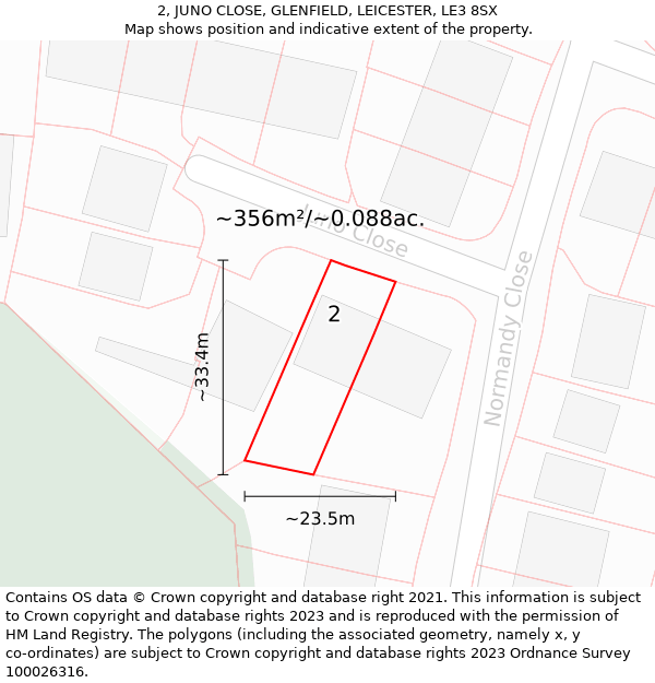 2, JUNO CLOSE, GLENFIELD, LEICESTER, LE3 8SX: Plot and title map