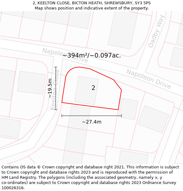 2, KEELTON CLOSE, BICTON HEATH, SHREWSBURY, SY3 5PS: Plot and title map