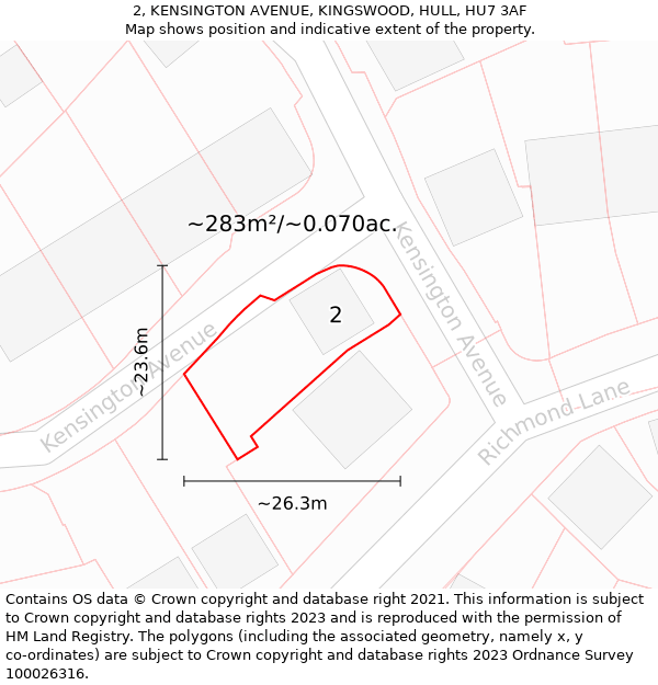 2, KENSINGTON AVENUE, KINGSWOOD, HULL, HU7 3AF: Plot and title map