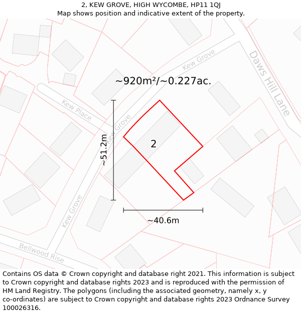 2, KEW GROVE, HIGH WYCOMBE, HP11 1QJ: Plot and title map