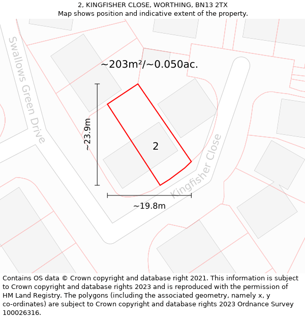 2, KINGFISHER CLOSE, WORTHING, BN13 2TX: Plot and title map