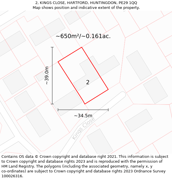 2, KINGS CLOSE, HARTFORD, HUNTINGDON, PE29 1QQ: Plot and title map