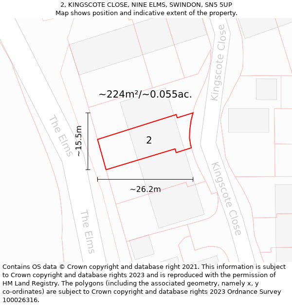 2, KINGSCOTE CLOSE, NINE ELMS, SWINDON, SN5 5UP: Plot and title map