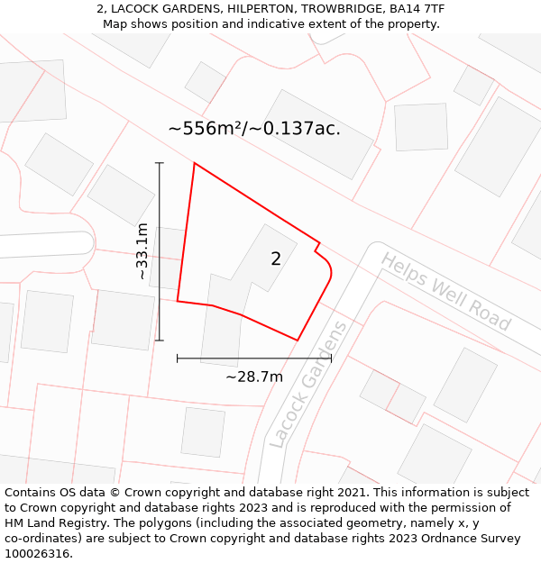 2, LACOCK GARDENS, HILPERTON, TROWBRIDGE, BA14 7TF: Plot and title map