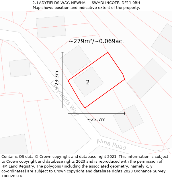 2, LADYFIELDS WAY, NEWHALL, SWADLINCOTE, DE11 0RH: Plot and title map